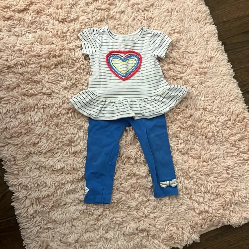 18M - blue legging with bow detail and striped heart peplum top